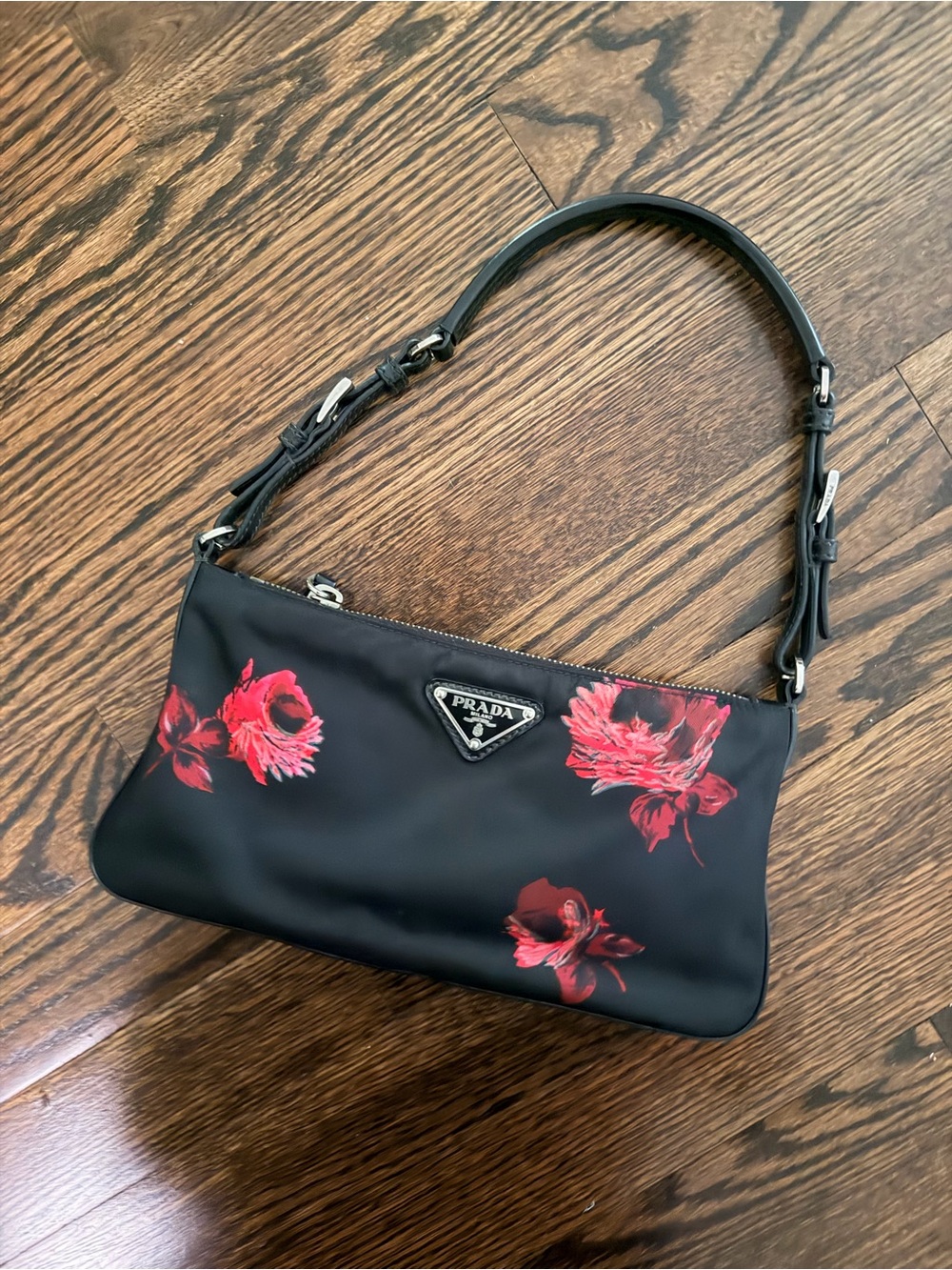 Prada Black Nylon Shoulder Bag with Red Floral Prit - Picture 6 of 7